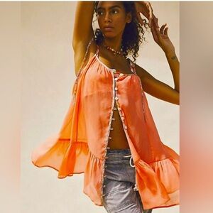 Free People Bali Orange /Coral Sheer Hem Women Top